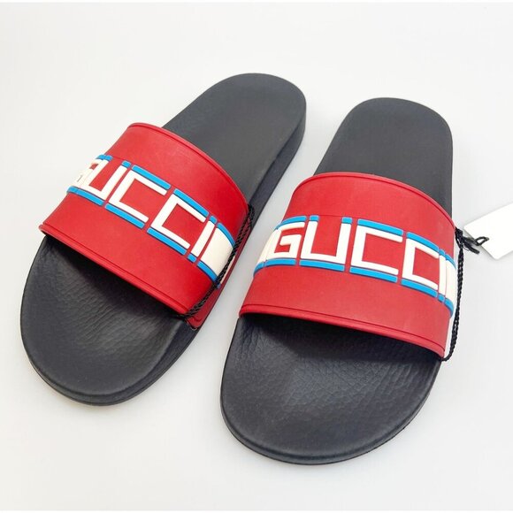 NIB Gucci Man Stripe Rubber Slide Sandal In Red Size 7